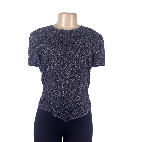 Papell Boutique Womens Black 100% Silk Beaded Embellished Evening Top Size S - Picture 2 of 9